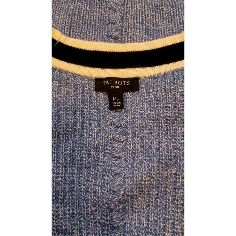 Talbots Petite MP Blue Cable Knit Cardigan Sweater Longline Contrast Trim Preppy - Picture 6 of 10